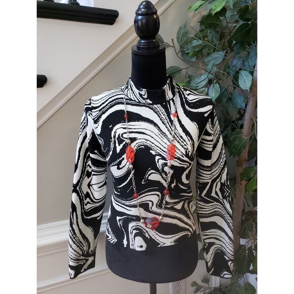 MNG Mango Sweater Marble XL White Black Abstract Wavy Knit Long Sleeve Mock Neck - Picture 1 of 9